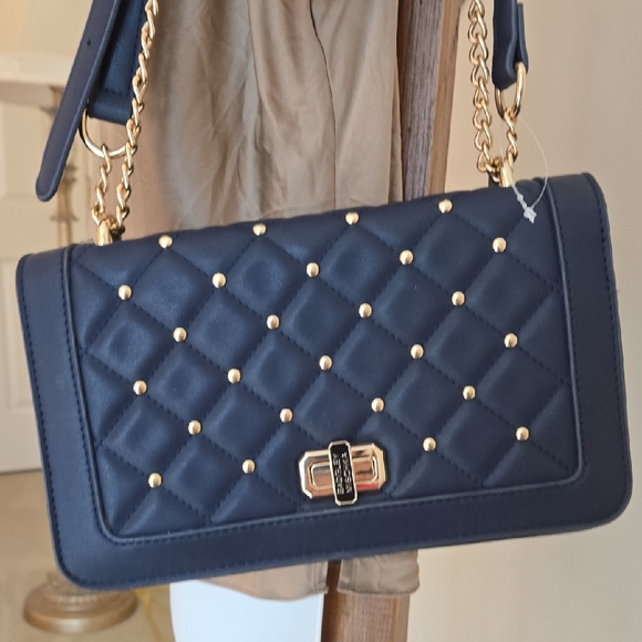 Badgley Mischka Navy Quilted Shoulder Crossbody Bag Gold Accents Hardware - Picture 1 of 16